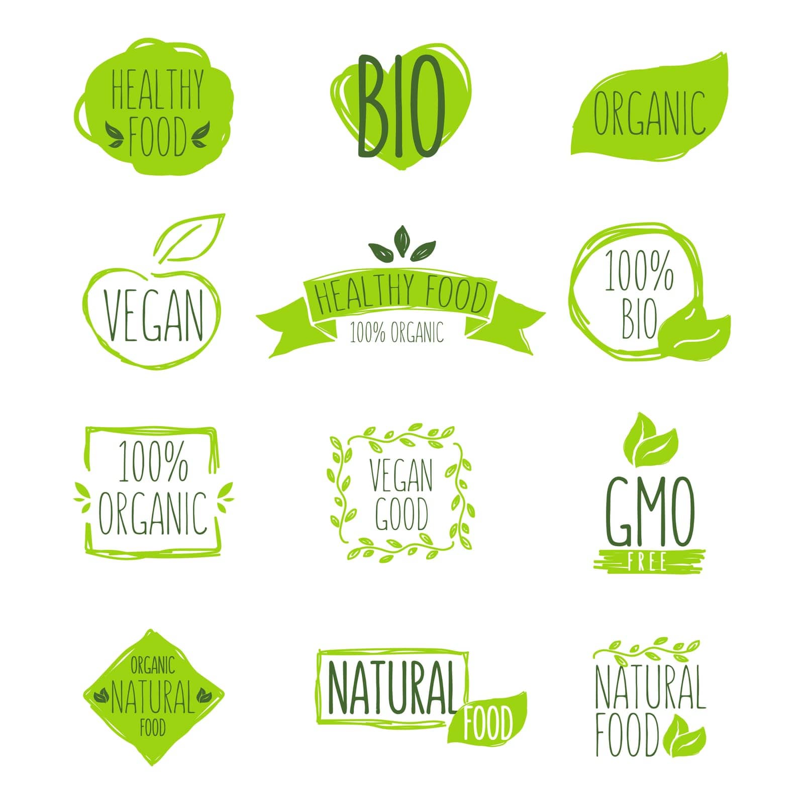Organic product emblem set. Green eco mark, fresh vegetarian food stamp. Vector illustrations for healthy eating, lifestyle, natural ingredient concept