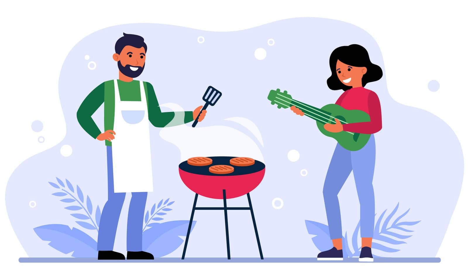 Couple having barbeque party outdoors by pchvector