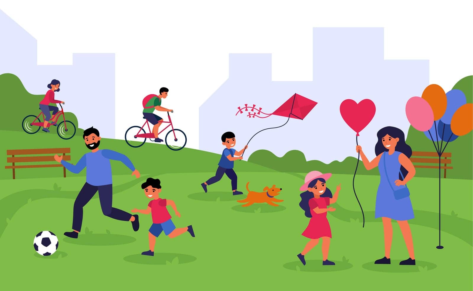 Leisure time outdoors and togetherness concept. Mothers, fathers and kids enjoying outdoor activities. Happy active families spending weekend together in city park, playing soccer, flying kite