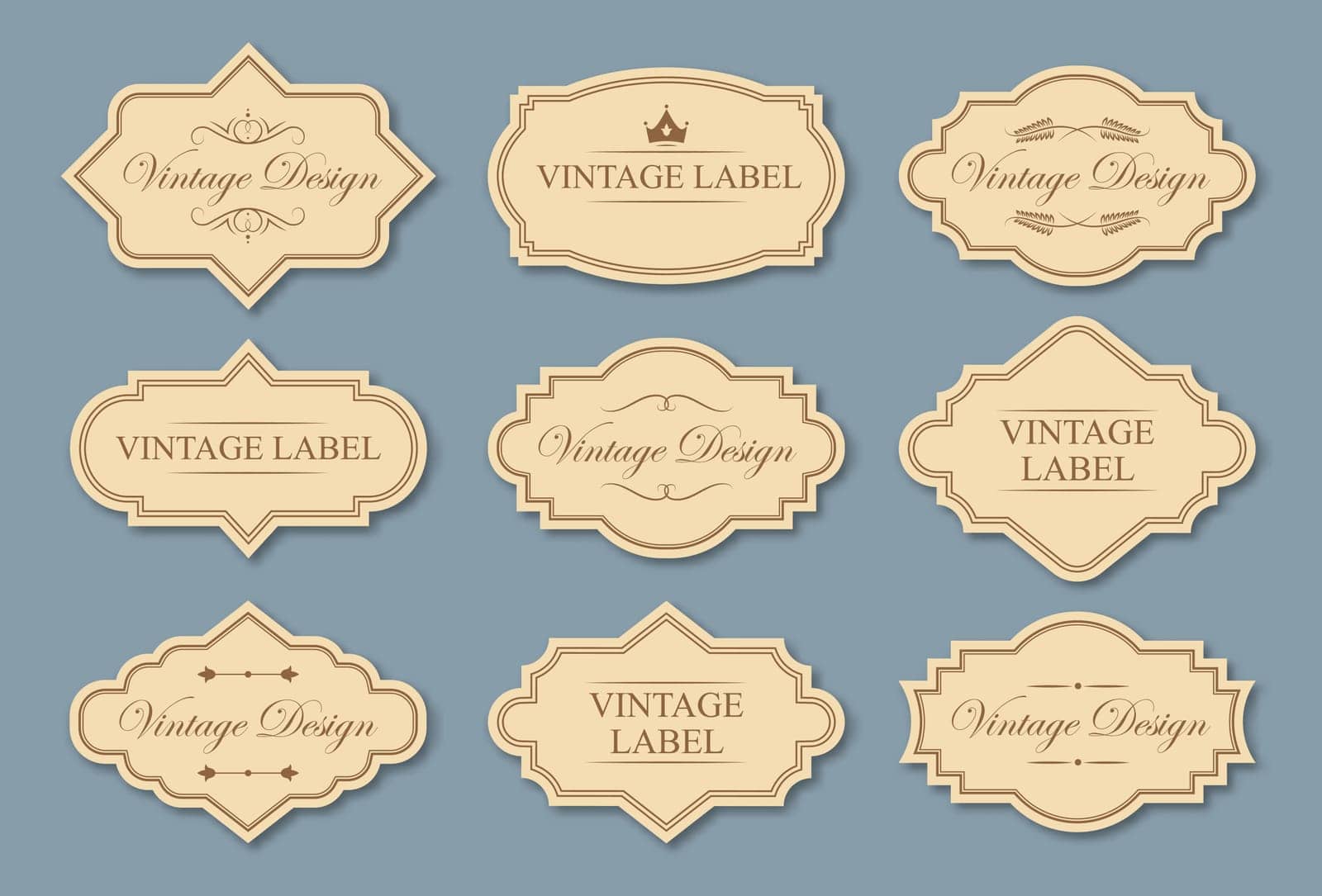Retro craft labels set. Text samples in traditional frames, vintage tags with borders in Victorian style. Can be used for wedding invitation card design, badges and logos templates