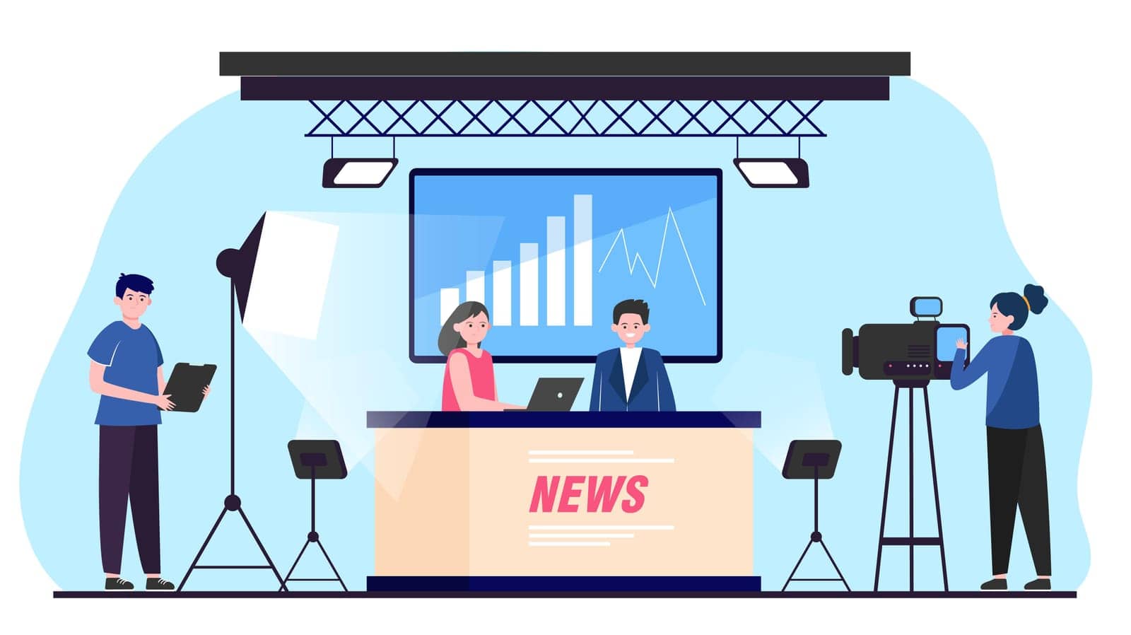 TV news show. Stage and backstage of studio filming with newscasters and camera crew. Vector illustration for reportage, news makers, broadcasting concept