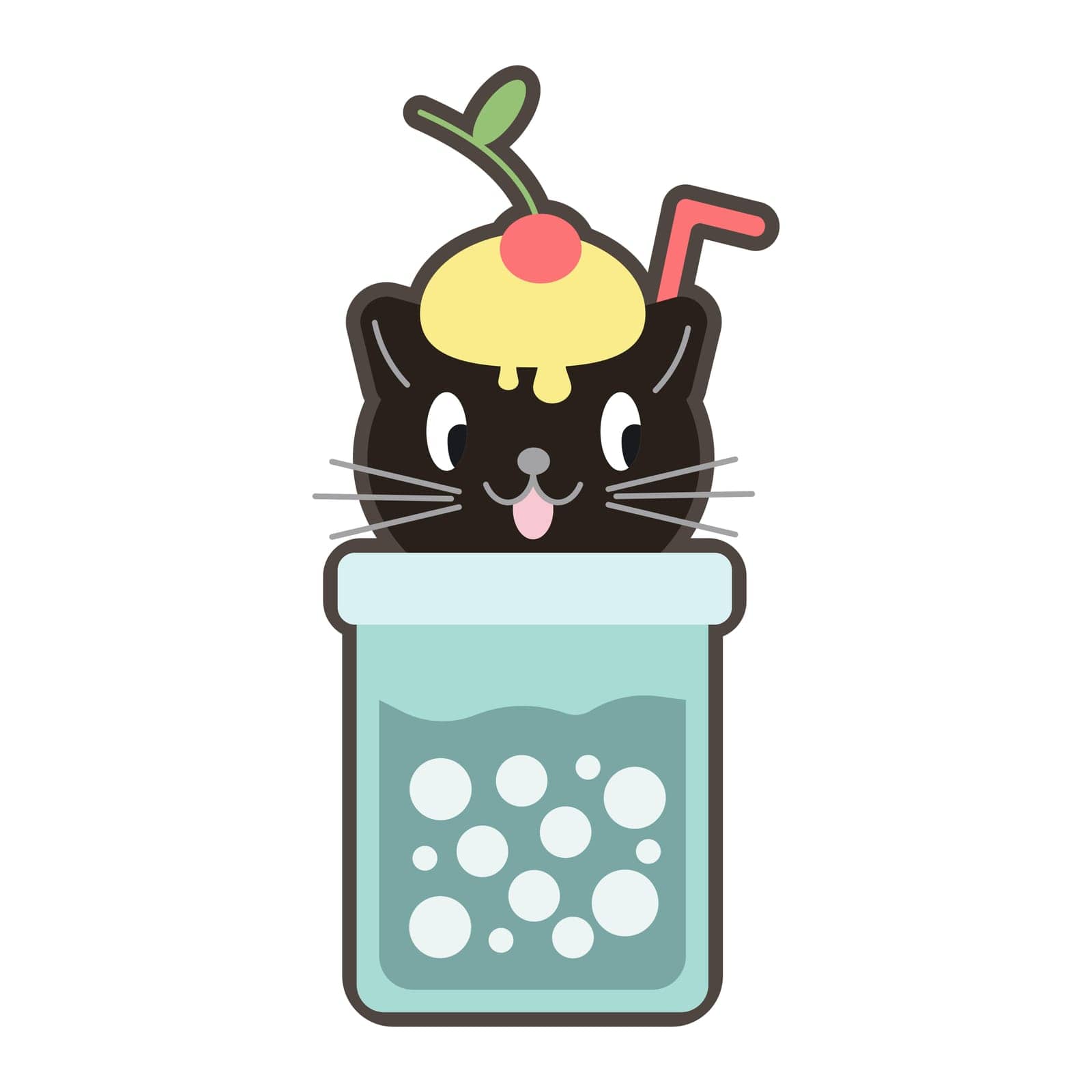 Vector illustration of cute kawaii hand drawn cat in anime style in a glass of cocktail with bubbles, favorite catcktail, drawing for children s menu, cocktail party EPS by Alxyzt