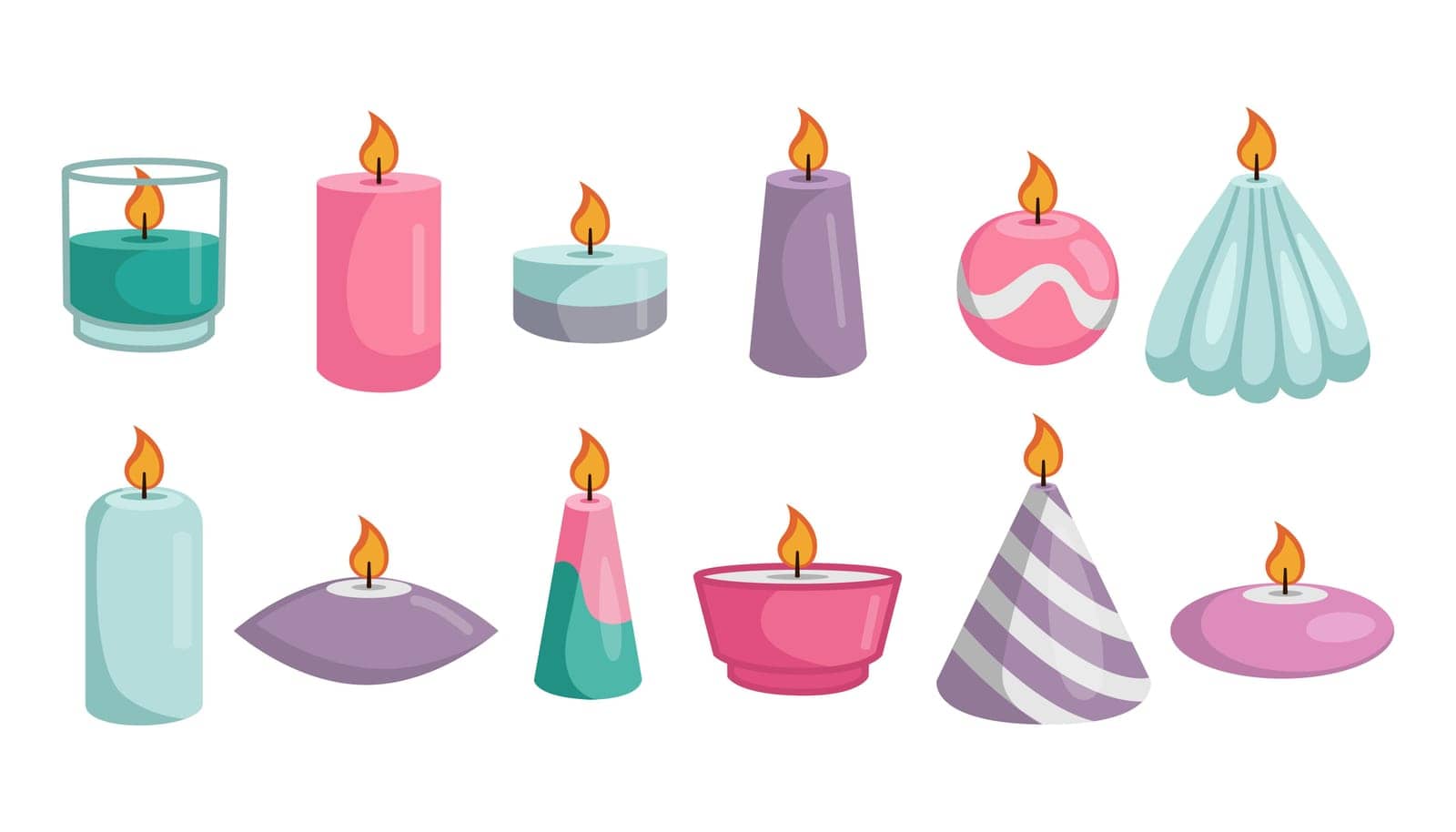Aroma candles with candlesticks set. Vector illustrations of aromatic candlelight decorations. Cartoon burning scented candles of different shapes isolated on white. Aromatherapy, celebration concept