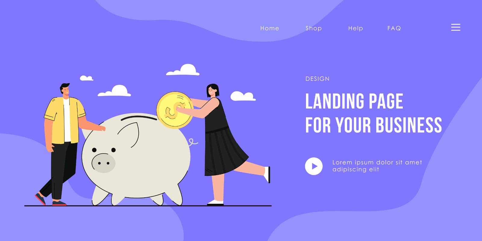 Man and woman saving money. Female character throwing money into piggy bank, man bringing pile of coins. Finance, investing concept for banner, website design, landing web page
