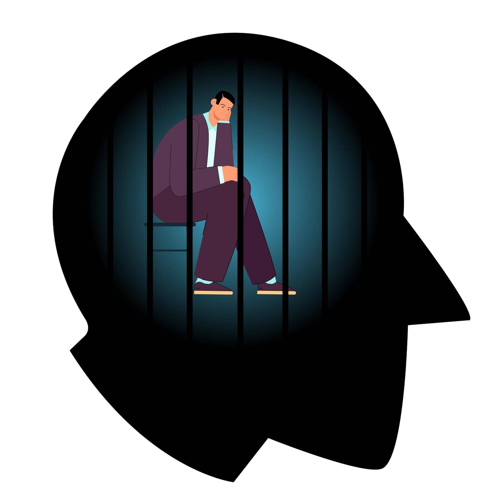 Powerless man with depression in prison of mind. Male character sitting behind narrow prison bars inside abstract human head flat vector illustration. Struggle for freedom of thought, slavery concept