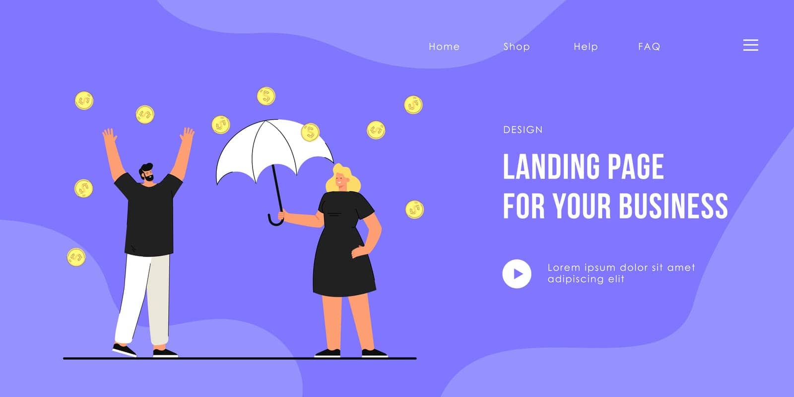 Couple under money rain. Male and female characters cheering under shower of coins. Female holding umbrella. Investment, passive income concept for banner, website design, landing web page