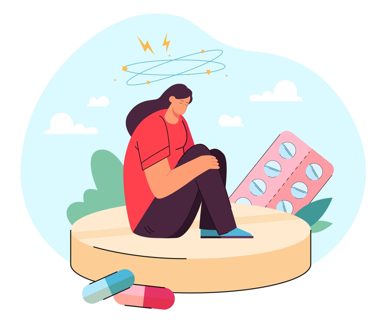 Tiny, depressed woman with anxiety sitting on large pill surrounded by drugs. Antidepressant addict girl flat vector illustration. Hormonal mood, depression, placebo, health problem concept
