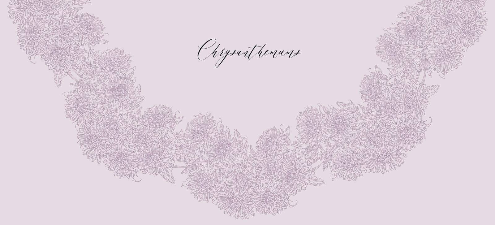 Hand drawn floral Chrysanthemums garland in lavender colors, elegant card template design with copy-space for wedding invitation, greeting, packaging, cosmetics, beauty products