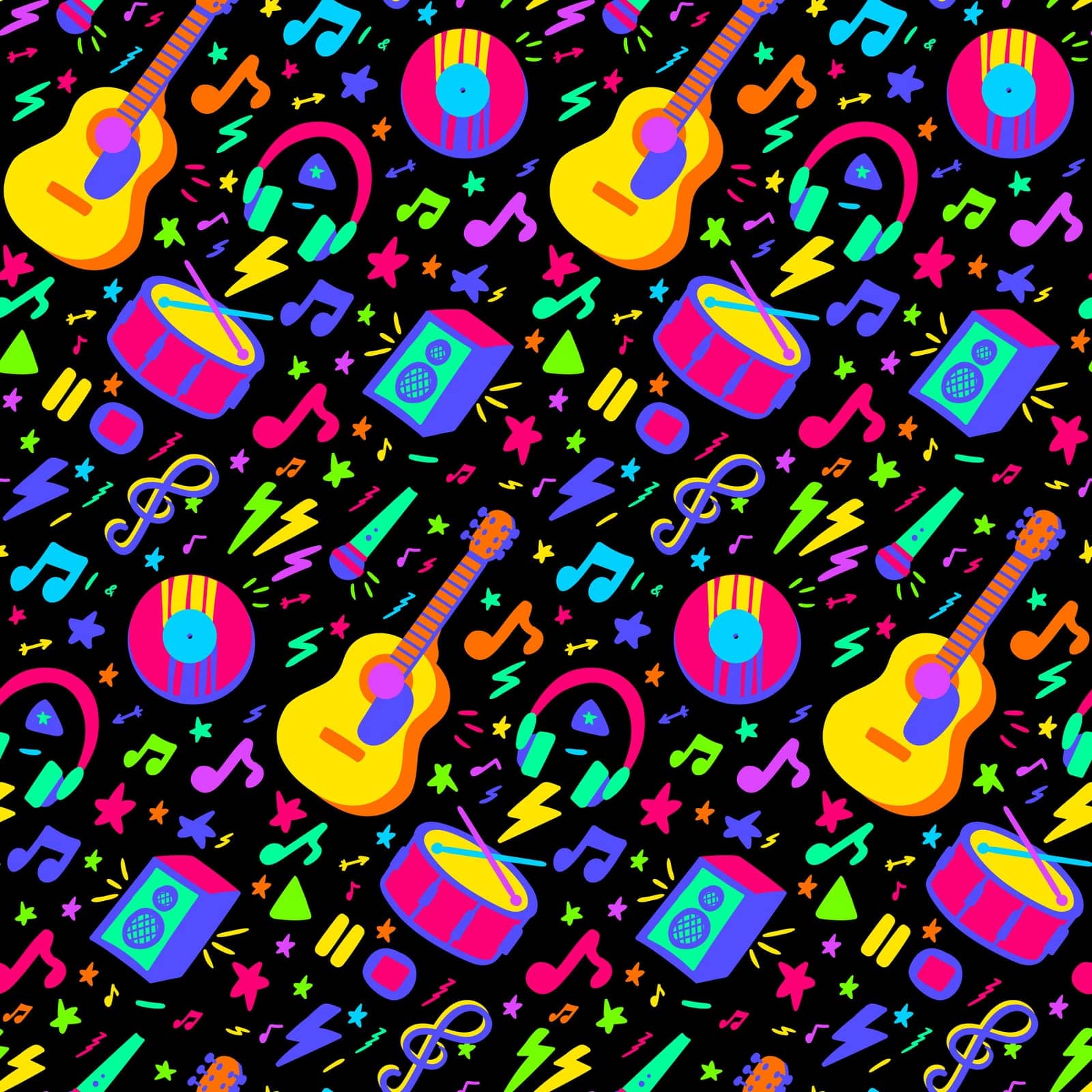 Musical concert instruments neon seamless pattern with guitar, drum and music notes. Ornament for printing on fabric, cover and packaging. Illuminated vector isolated on black background