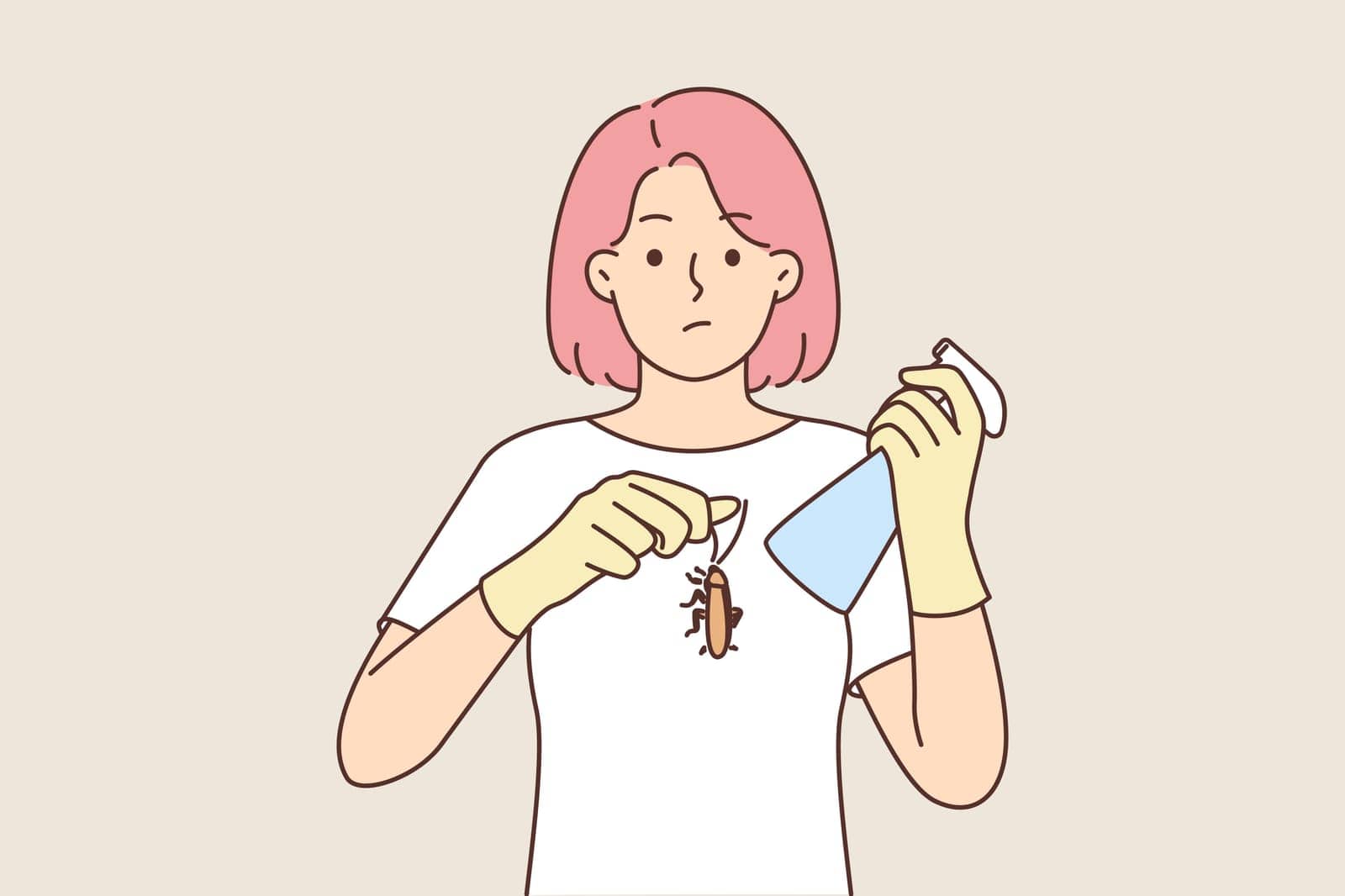 Embarrassed woman holding cockroach and spray bottle with insecticide or pest control. Girl disinfects by destroying cockroach and beetles to avoid spread of infections or unsanitary conditions
