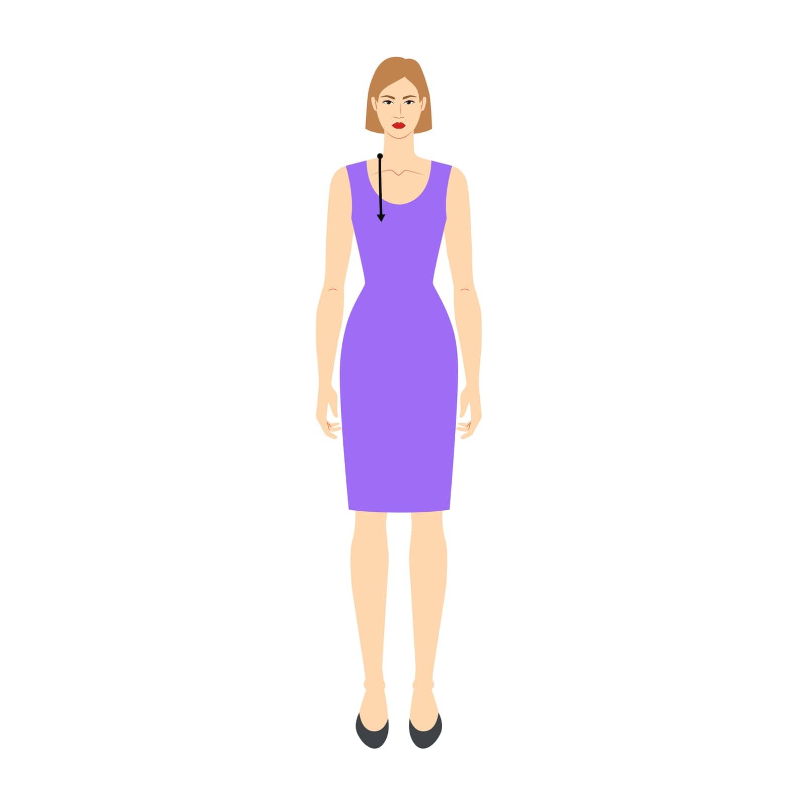 Women to do armscye depth measurement body with arrows fashion Illustration for size chart. Flat female character front 8 head size girl in violet dress. Human lady infographic template for clothes