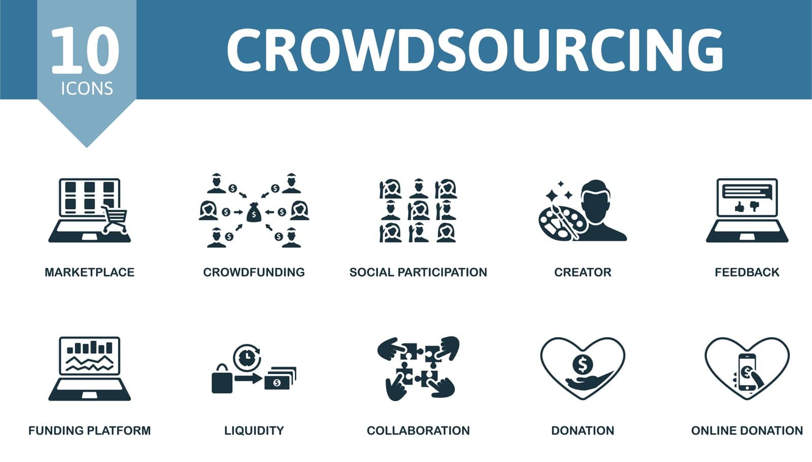 Crowdsourcing icons set. Creative elements: marketplace, crowdfunding, social participation, creator, feedback, funding platform, liquidity, collaboration, donation, online donation.