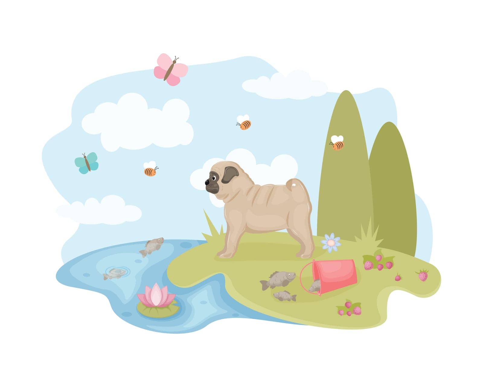 Pug. Cute cartoon-style pug stands near the lake, butterflies and bees fly around it. Pug in nature. Vector illustration.