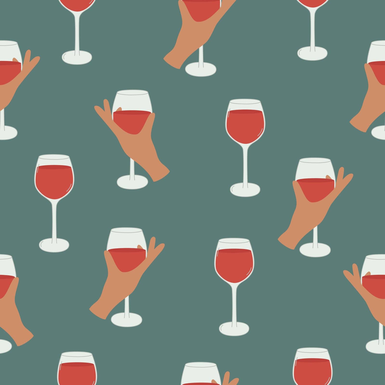Seamless pattern with female hand holding glass of wine. Cocktail, fresh beverage, juice background. Hand drawn cartoon style. Vector illustration