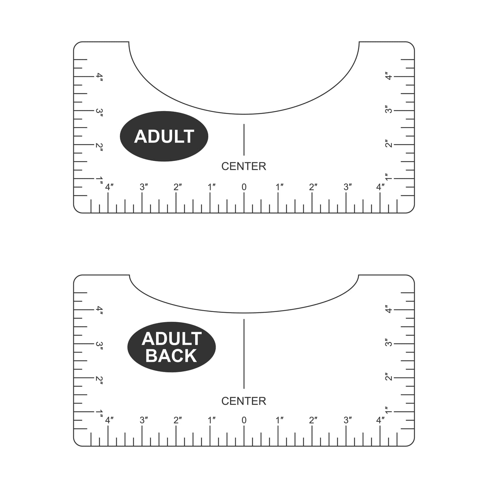 T shirt alignment guide. Adult front and back size templates. Rulers for centering clothing design. Sewing measurement tool with markup and numbers for print or laser cut. Inches calibration