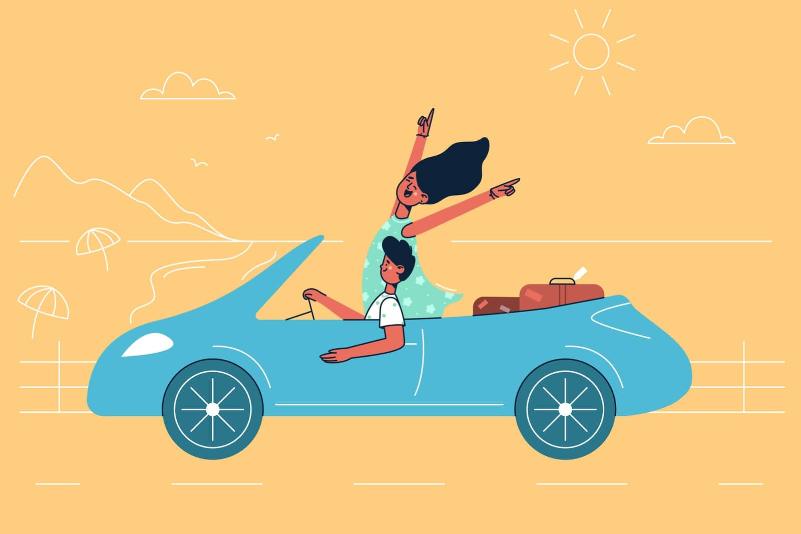 Travel, trip, vacations concept. Young happy couple cartoon characters sitting in car and driving along seaside in summer during traveling journey vector illustration