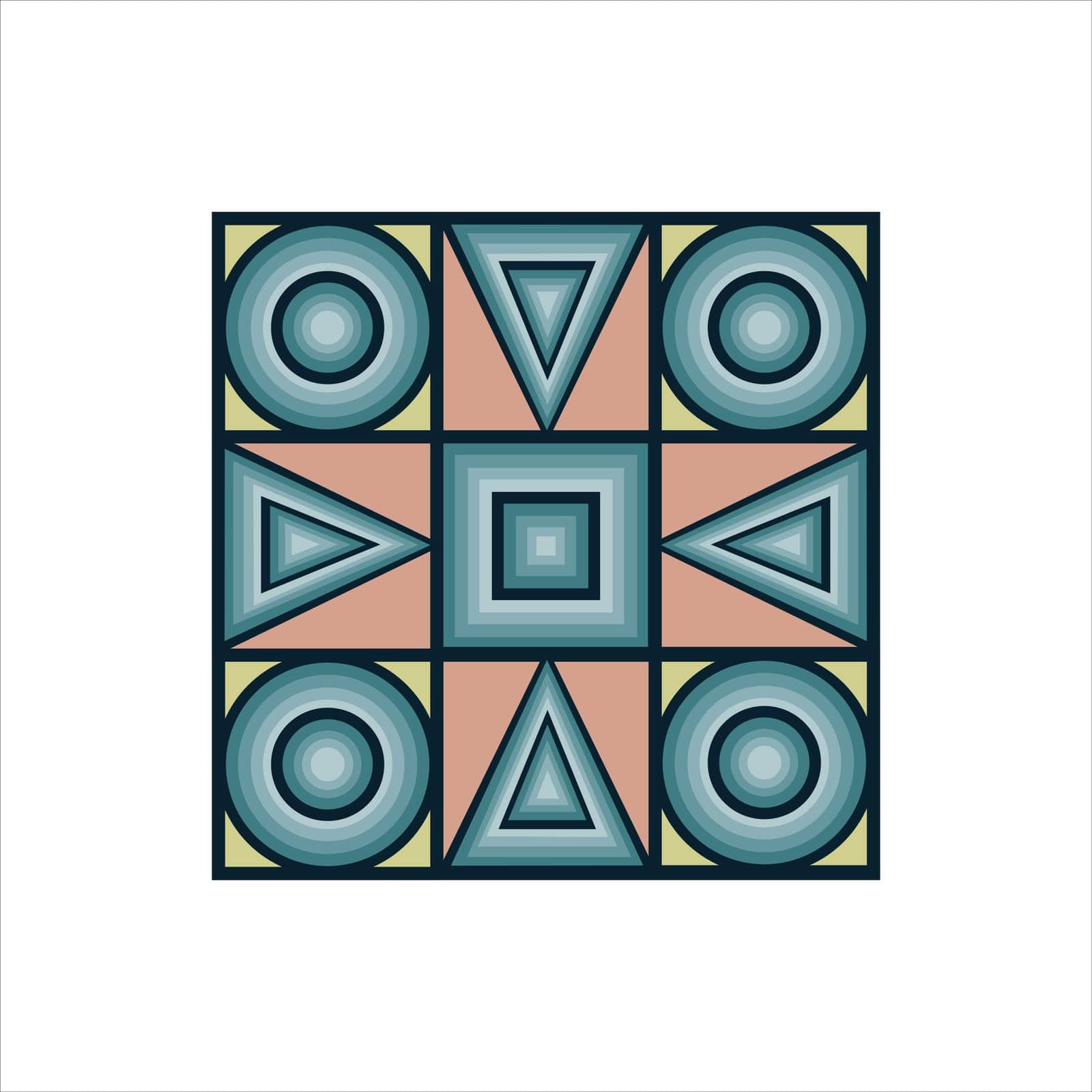 Geometric pattern in a square. Abstract pattern of blue orange and yellow colors. A pattern of squares of circles and triangles, for decoration. Vector illustration.