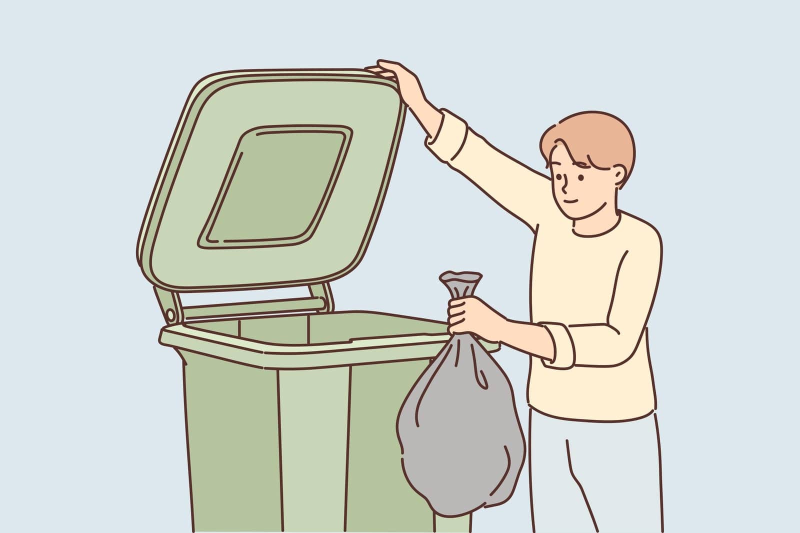 Man throws garbage into large container for concept of overabundance of garbage on planet. Guy stands near trash can and holds black bag refusing to sort waste and take care of environment