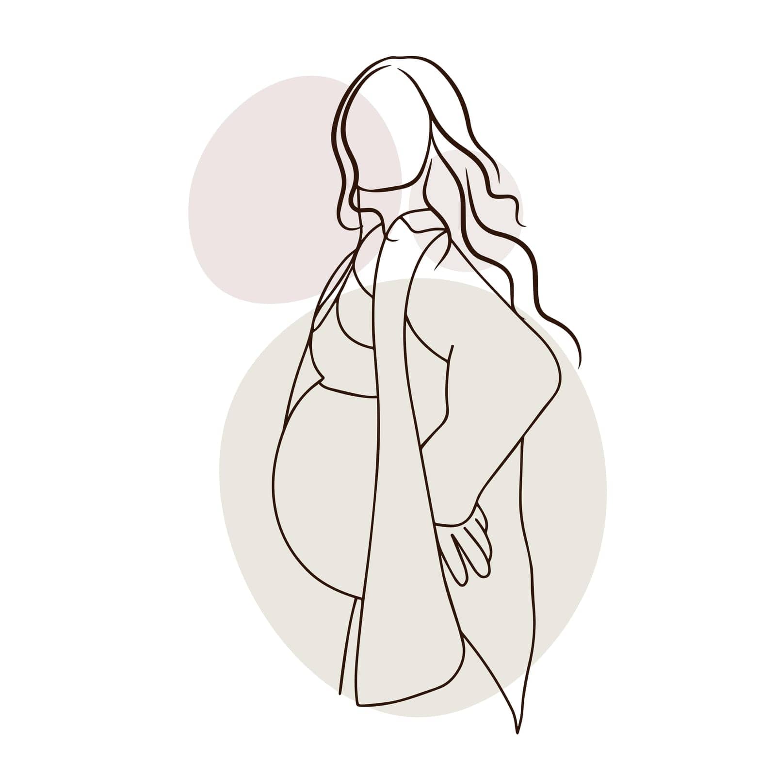 Fashionable pregnant girl, motherhood, big belly, contour illustration doodle