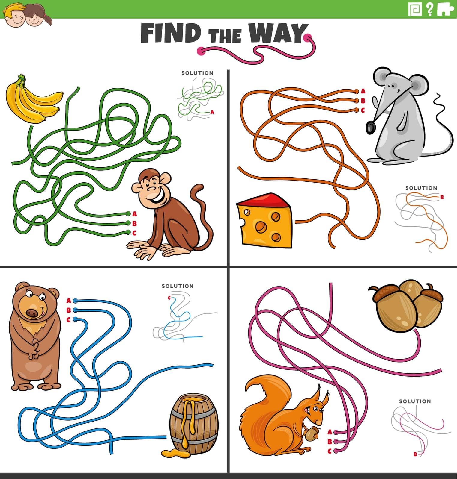 Cartoon illustration of find the way maze puzzle game with funny animal characters
