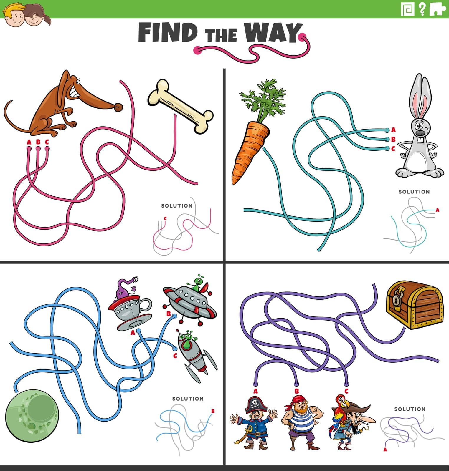Cartoon illustration of find the way maze puzzle game with funny comic characters