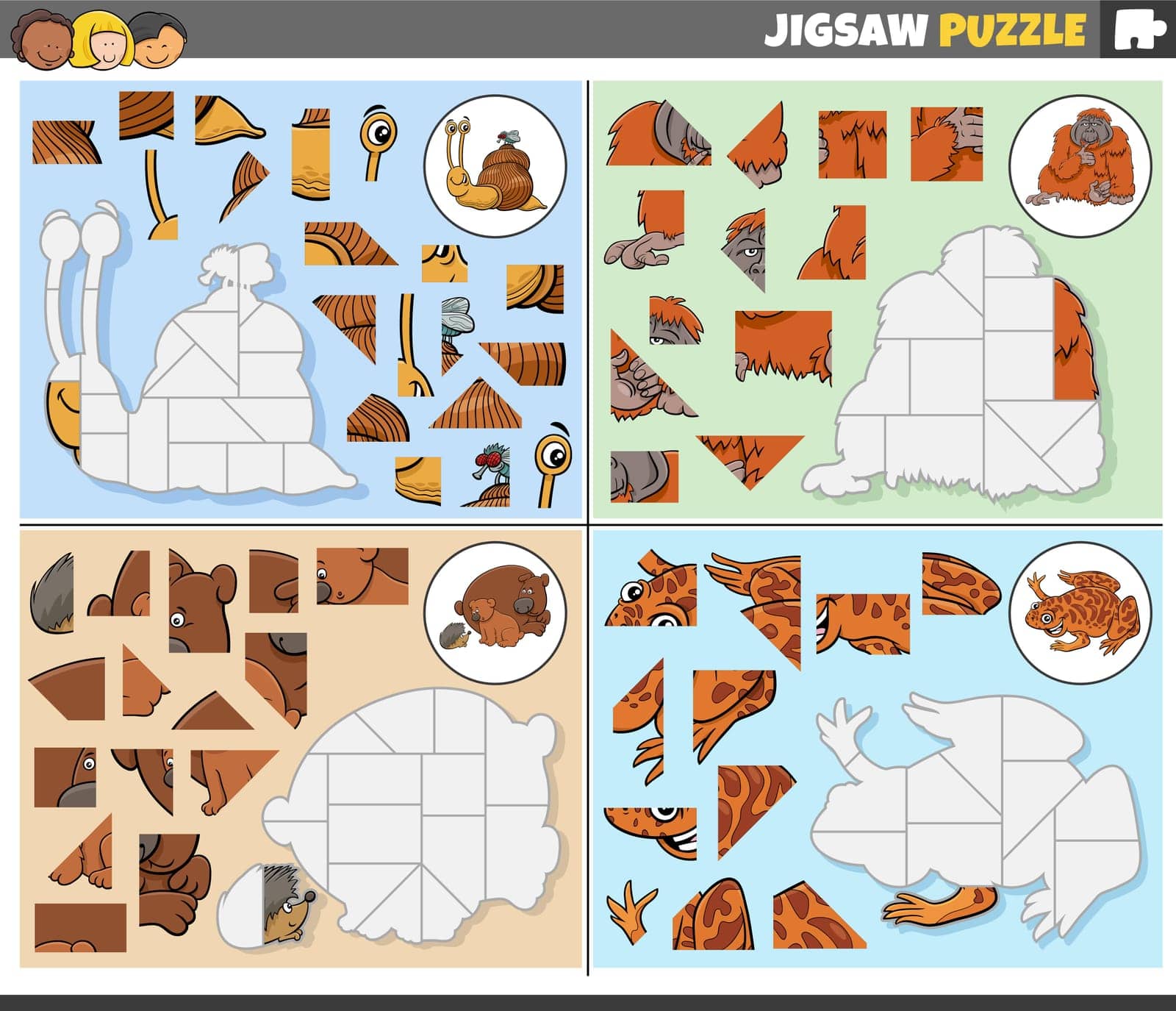 Cartoon illustration of educational jigsaw puzzle games set with animal characters