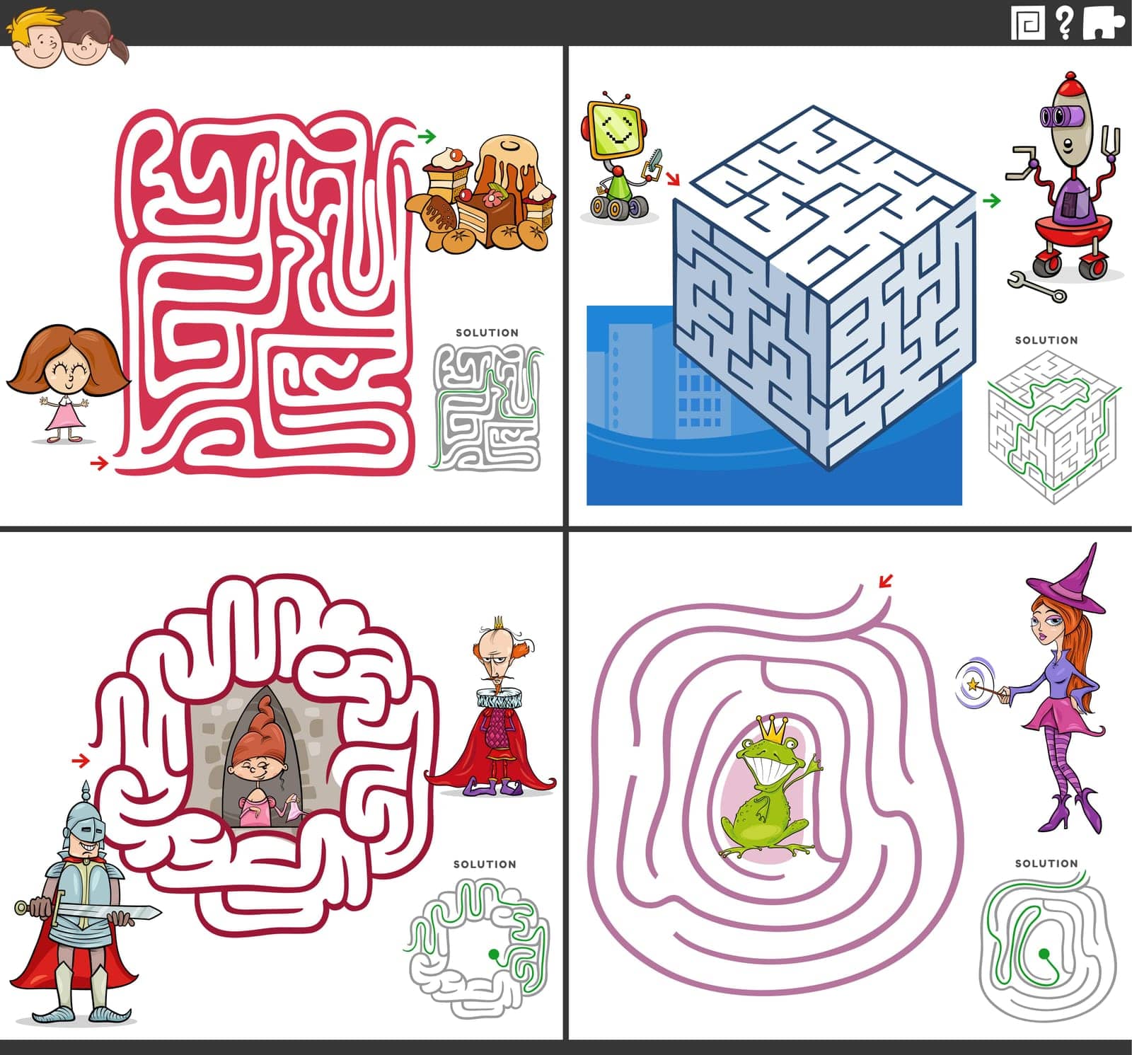 Cartoon illustration of educational maze puzzle games set with funny comic characters