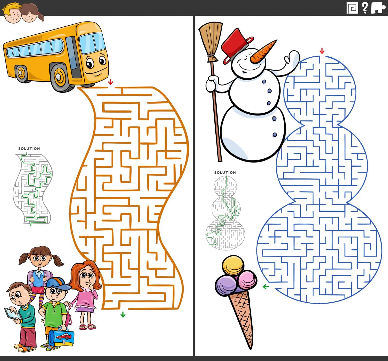 Cartoon illustration of educational maze puzzle games set with comic characters
