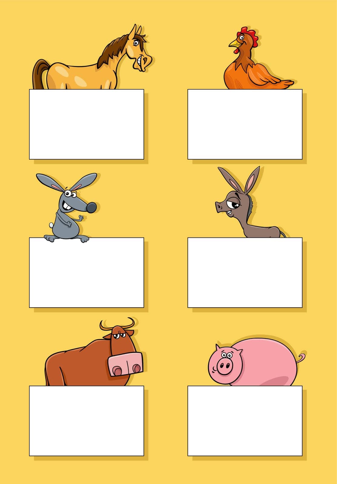 Cartoon illustration of funny farm animals with blank cards or banners design set