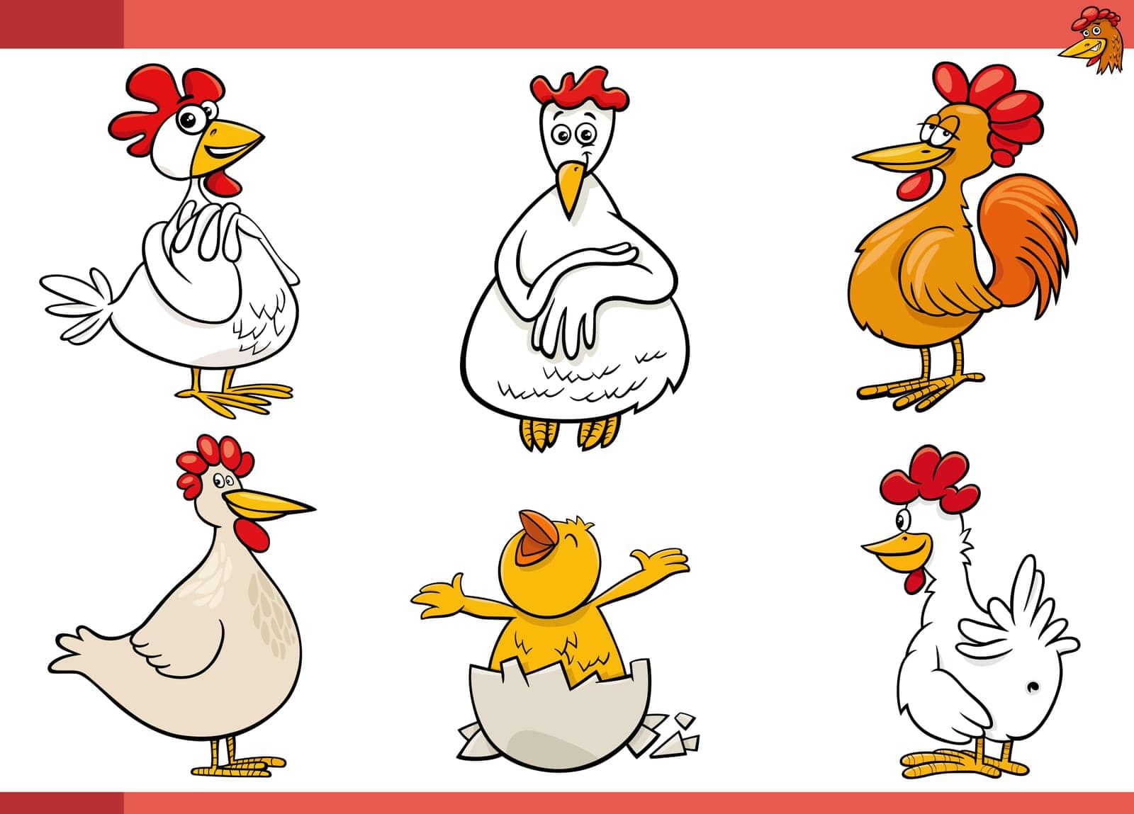 Cartoon illustration of chickens birds farm animals characters set