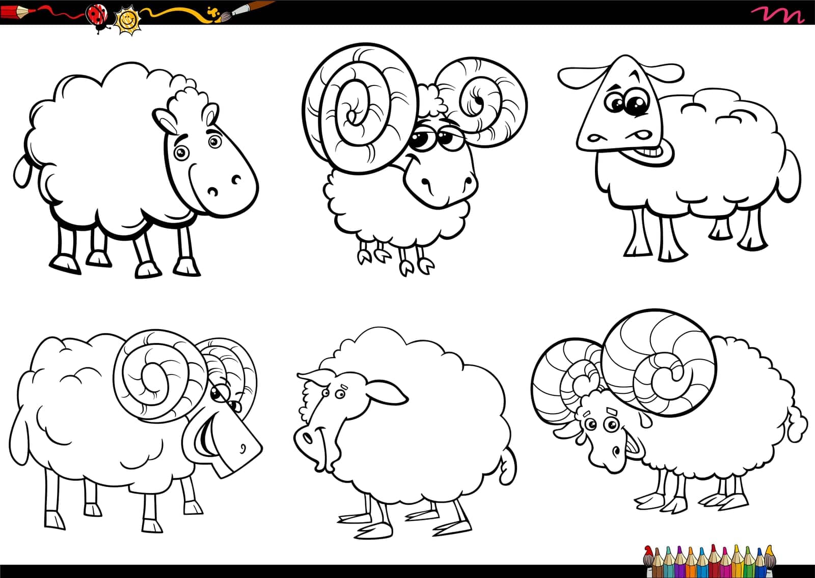 Black and white cartoon illustration of sheep farm animal comic characters set coloring page