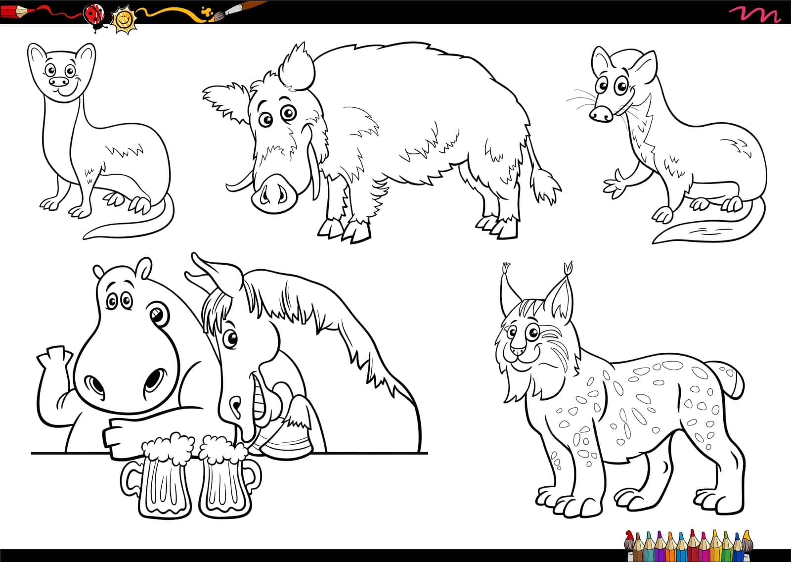 Black and white cartoon illustration of wild animal comic characters set coloring page