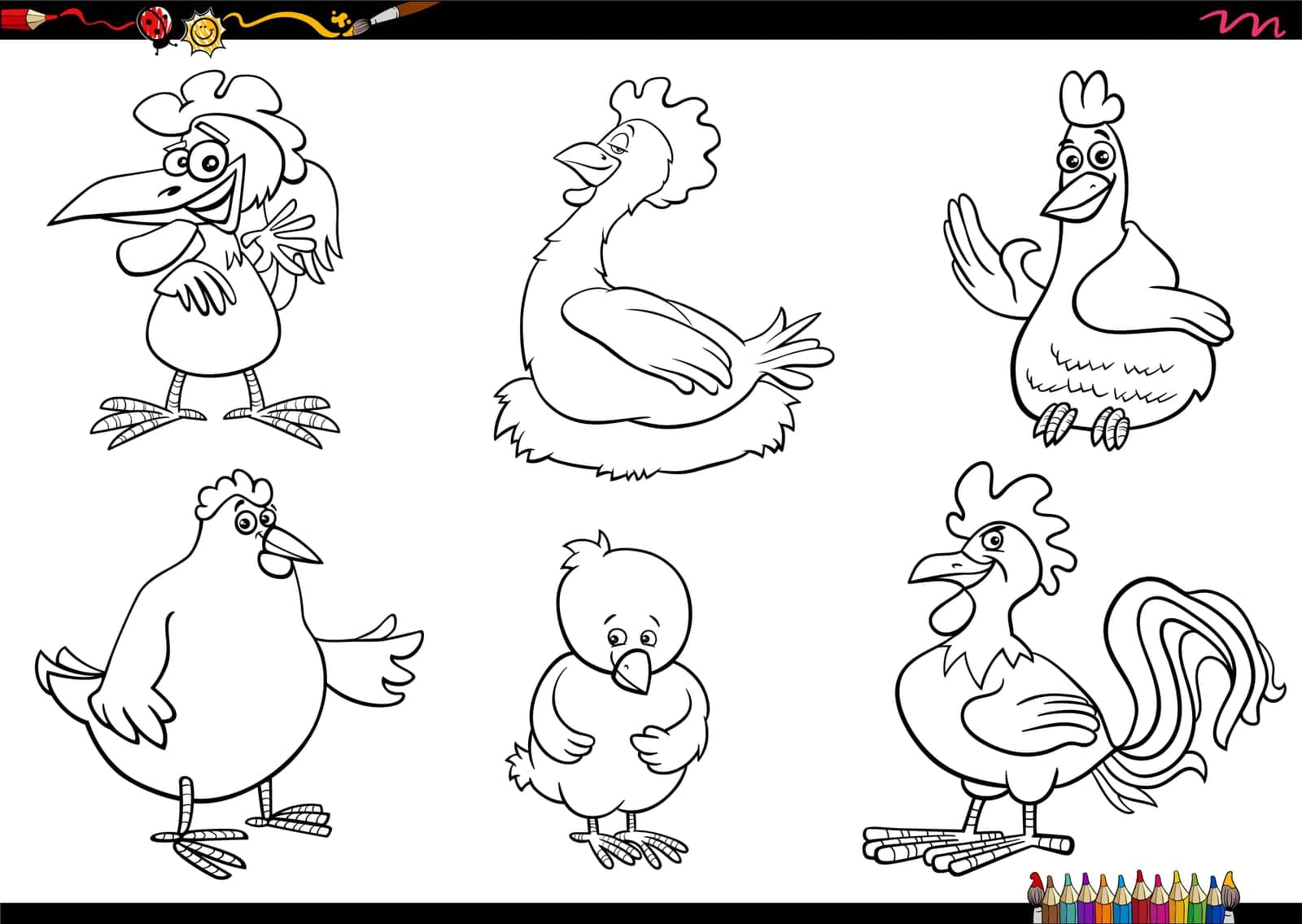Black and white cartoon illustration of chicken birds farm animal characters set coloring page