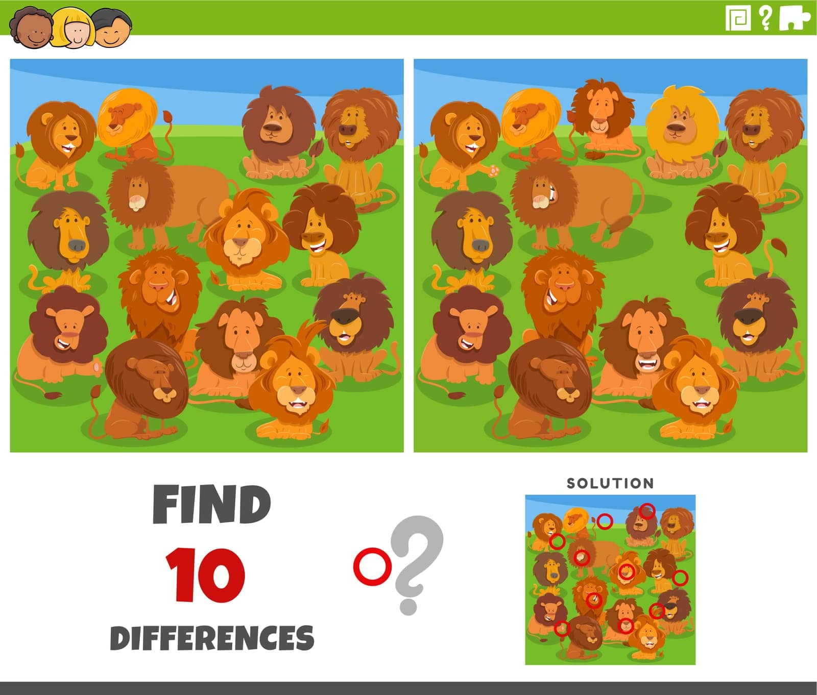 Cartoon illustration of finding the differences between pictures educational game with funny lions animal characters