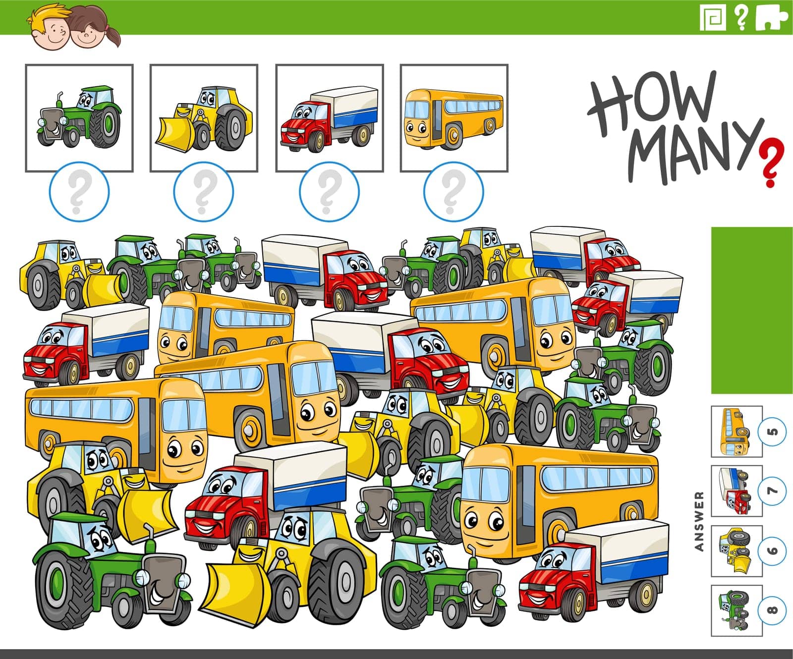 Illustration of educational counting game with funny cartoon vehicles characters