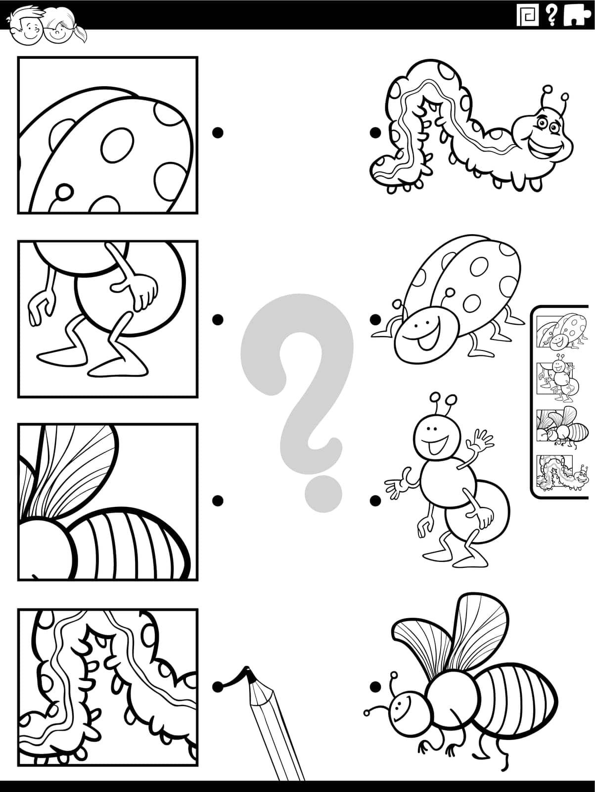 Black and white cartoon illustration of educational matching game with insects animal characters and pictures clippings coloring page