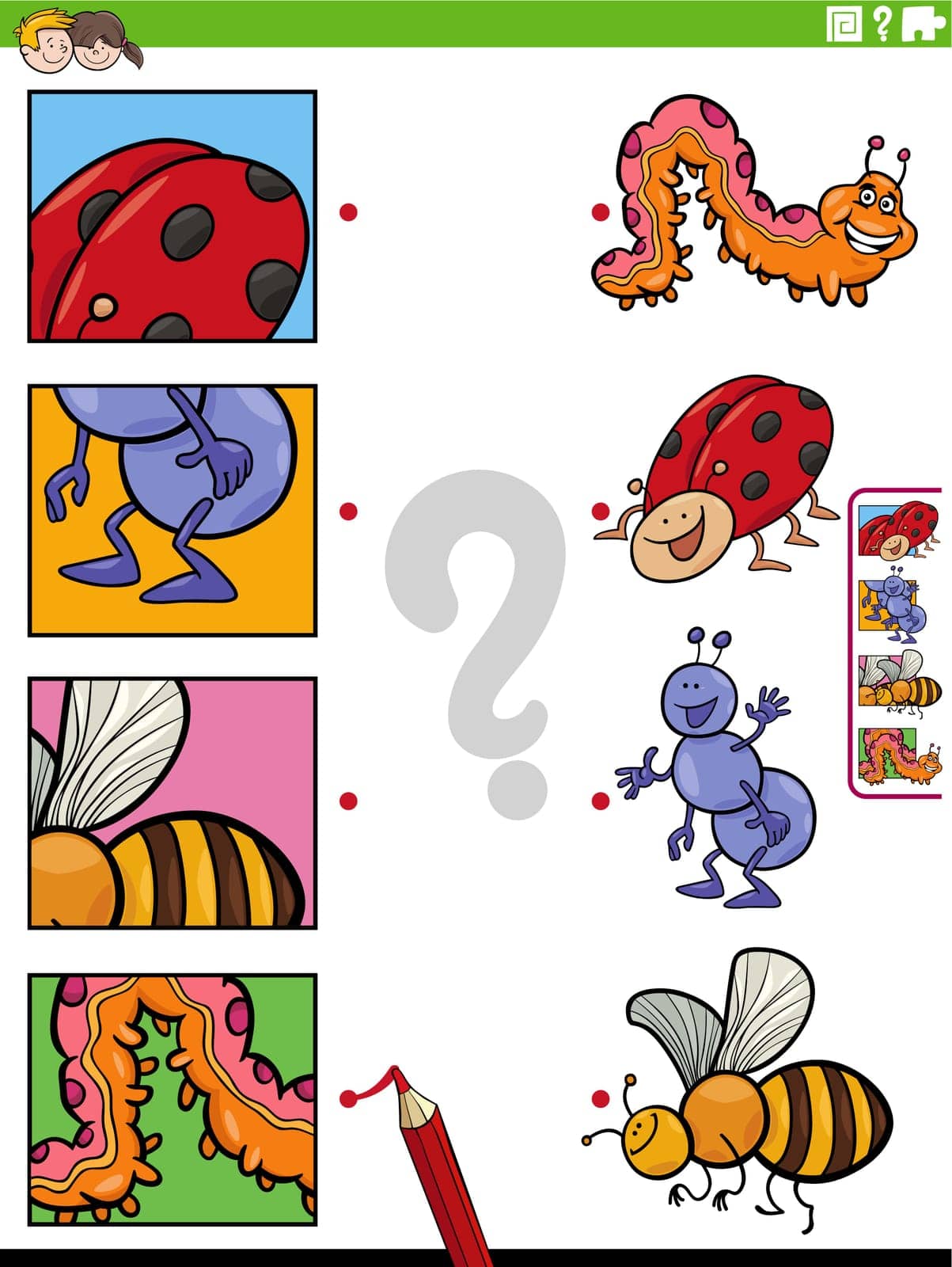Cartoon illustration of educational matching game with insects animal characters and pictures clippings