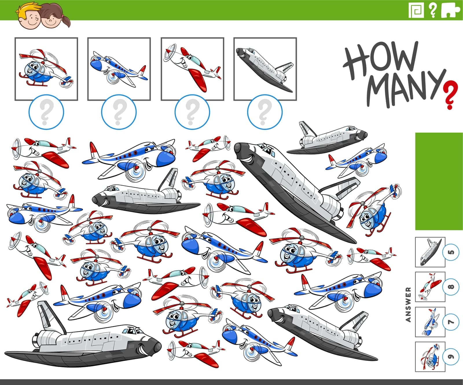 Illustration of educational counting game with cartoon planes and flying machines