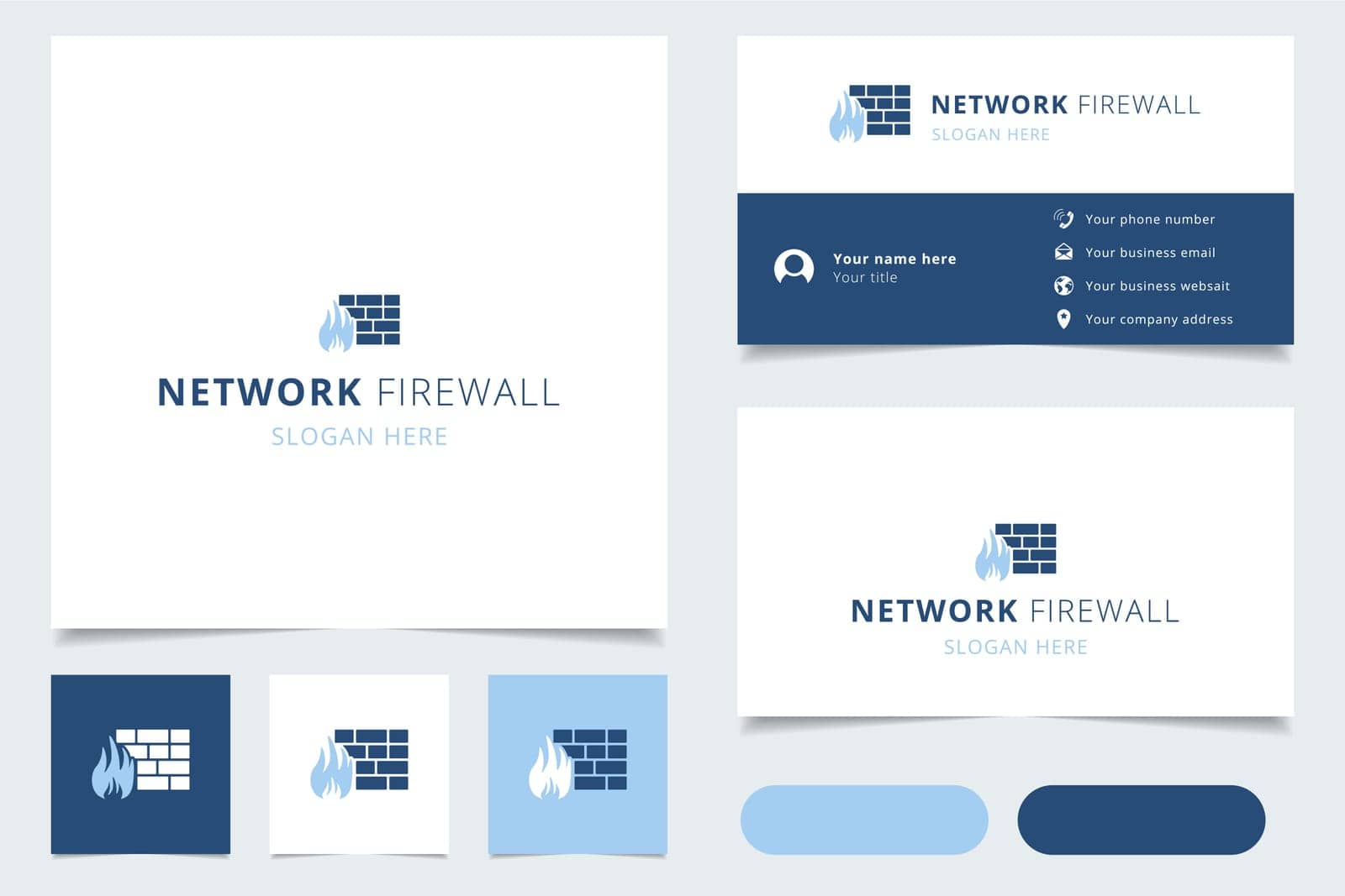 Network firewall logo design with editable slogan. Business card and branding book template.