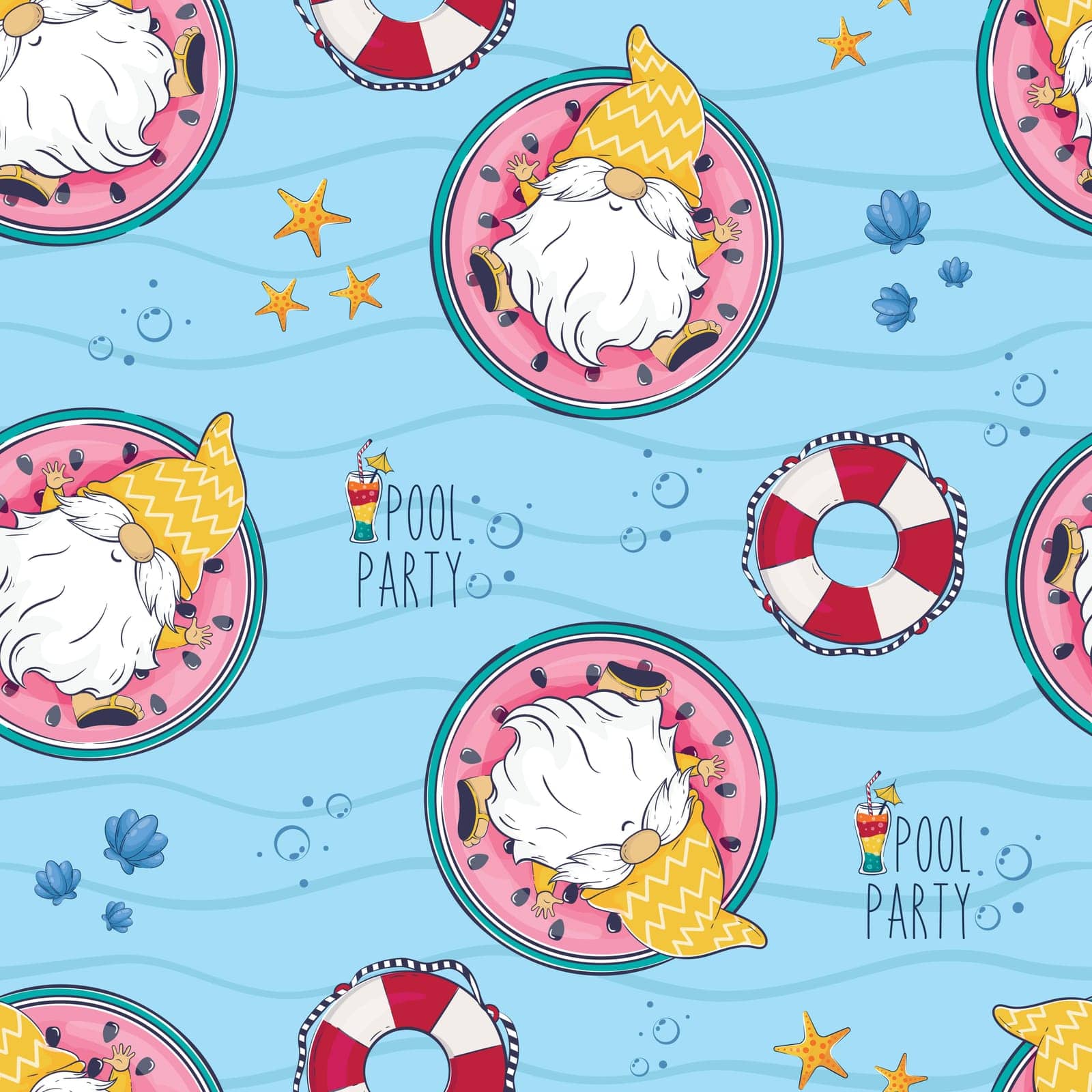 Seamless pattern with cartoon gnome on a watermelon mattress in the pool. Pool party vector background