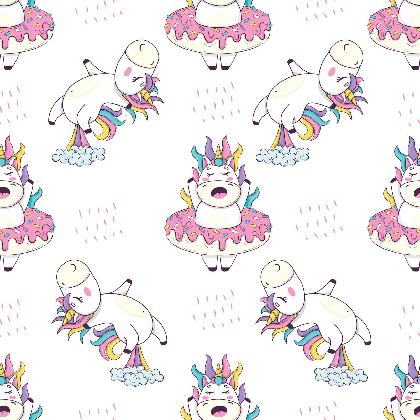 Seamless pattern with cute kawaii unicorn with rainbow mane and horn in anime style jumping and farting