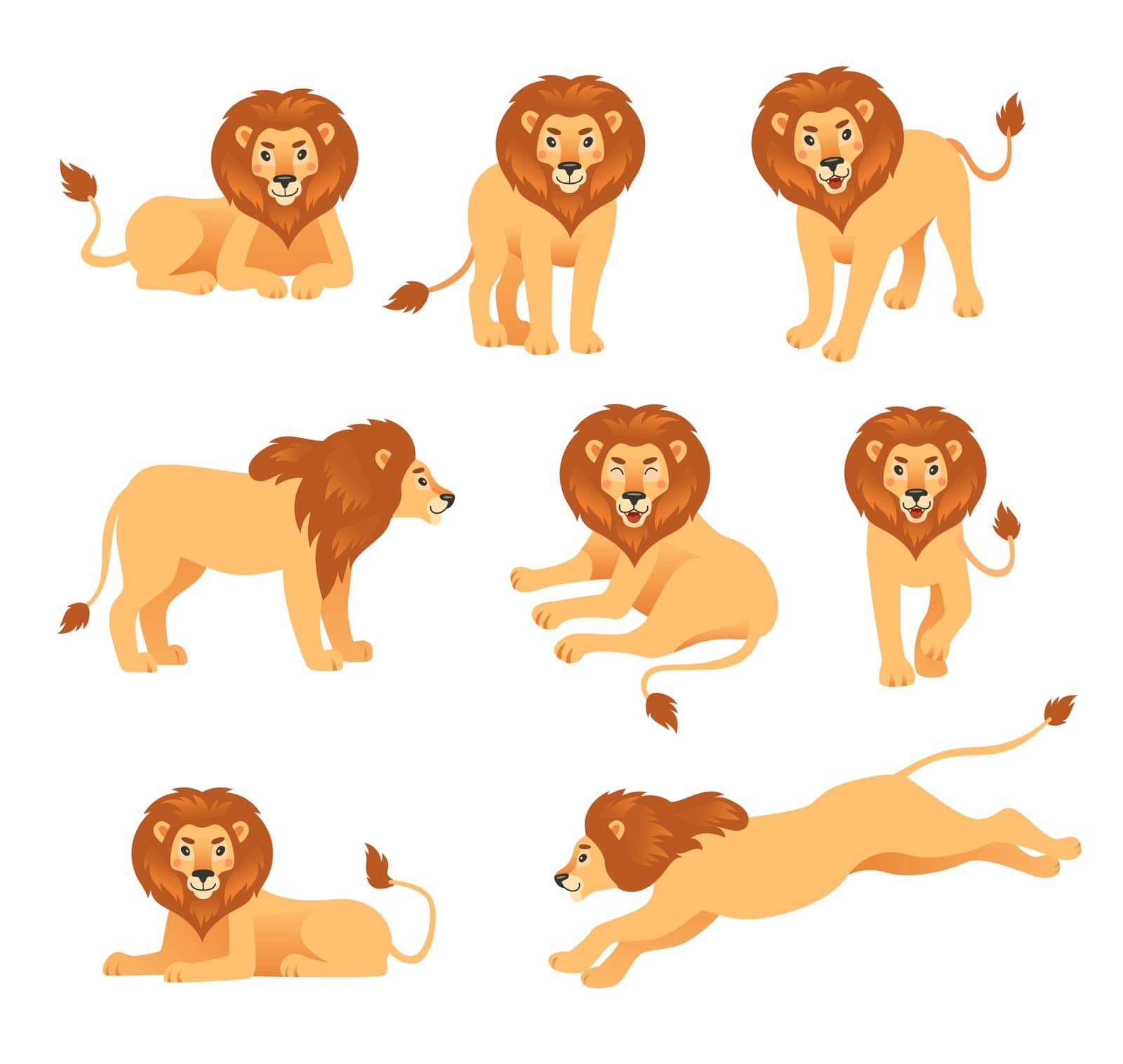 Cute cartoon lion in different poses vector illustration set. Happy orange-colored feline animal walking, lying, jumping, sitting and roaring. Wild animal, king concept