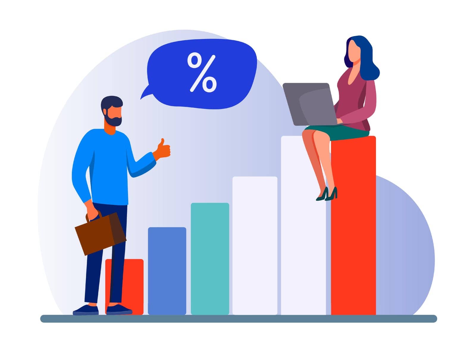 Bank client and manager discussing interest rate. People talking, using laptop, growth bar chart flat vector illustration. Finance, loan concept for banner, website design or landing web page