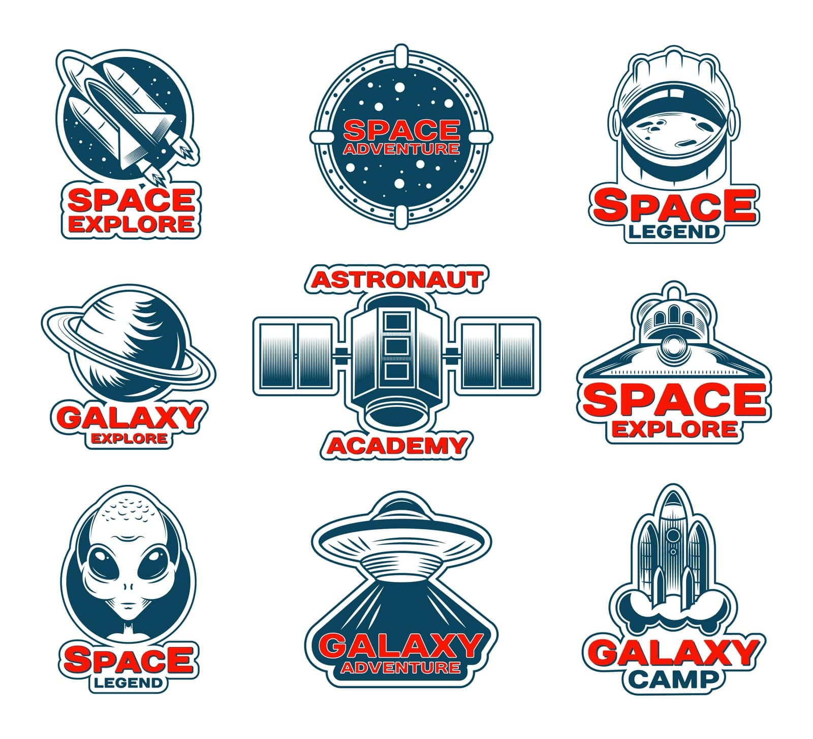 Space exploration patches set. Patch with Saturn planet, stamps with shuttle and rocket, badges with astronaut and alien in vintage style with text. For extraterrestrial life, galaxy and ufo concept
