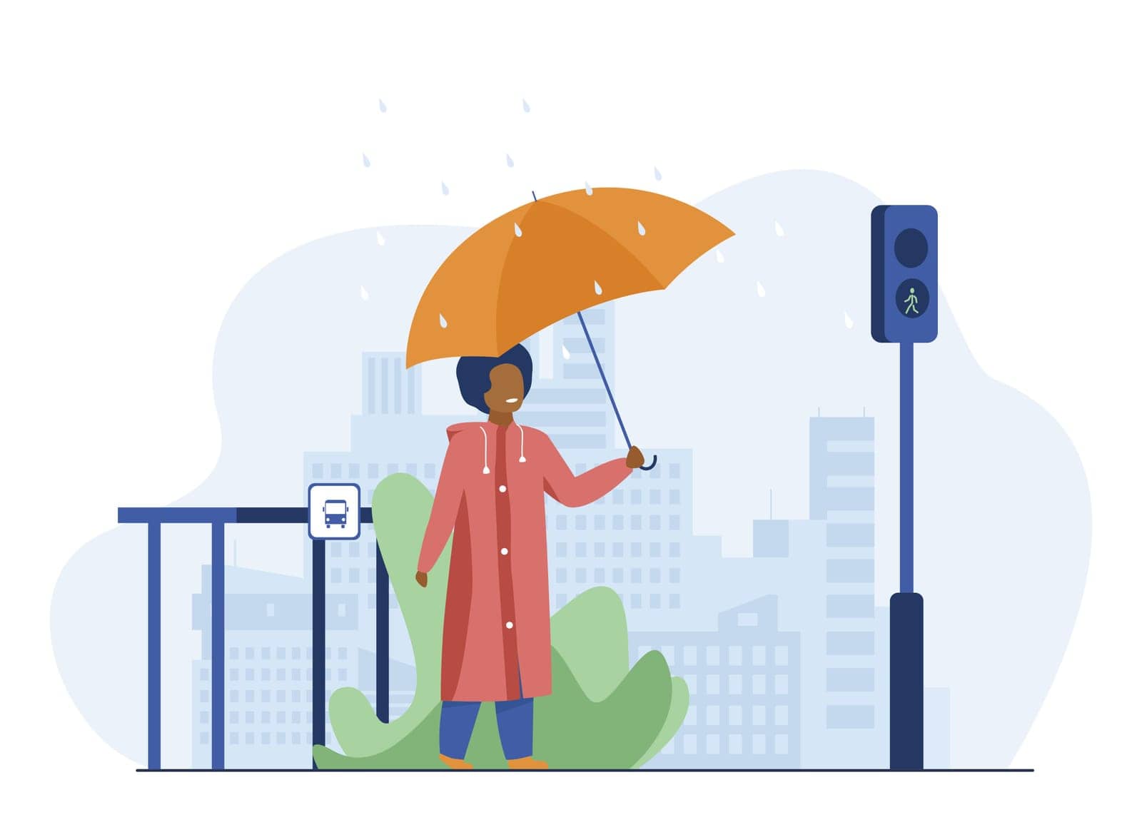 Boy with umbrella crossing road in rainy day. City, pedestrian, traffic lights flat vector illustration. Weather and urban lifestyle concept for banner, website design or landing web page