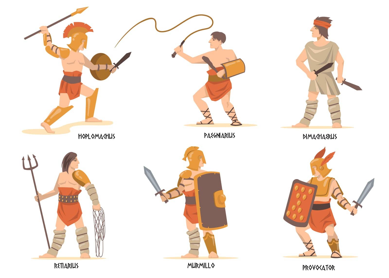Gladiators characters set. Ancient Roman and Greek warriors, mythology characters, Spartan soldiers with swords and shields. Vector illustration for history, empire, war, fight concept