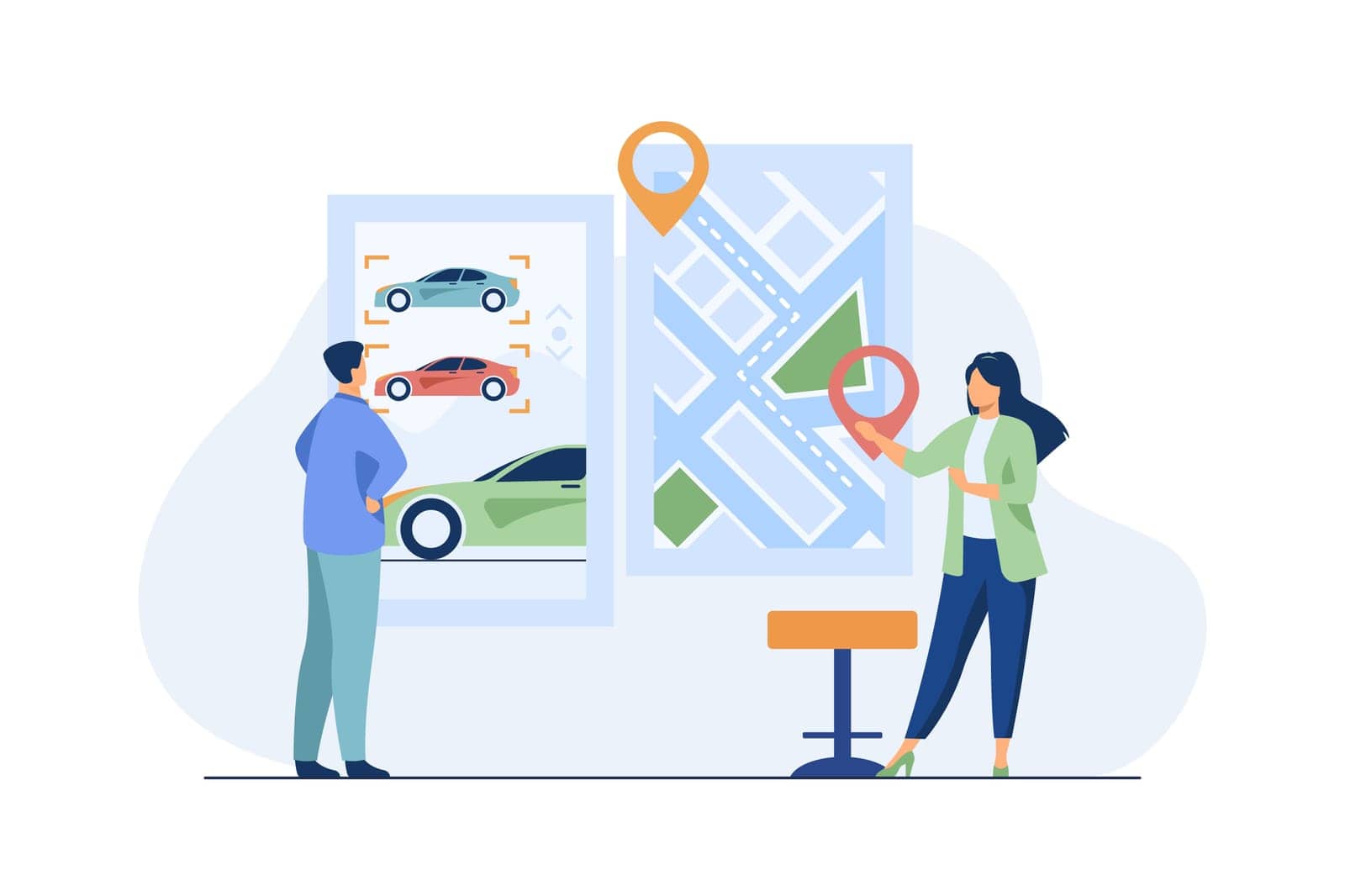 Man renting car. Car sharing app, city map with pointers. consultant flat vector illustration. Transportation, urban transport concept for banner, website design or landing web page