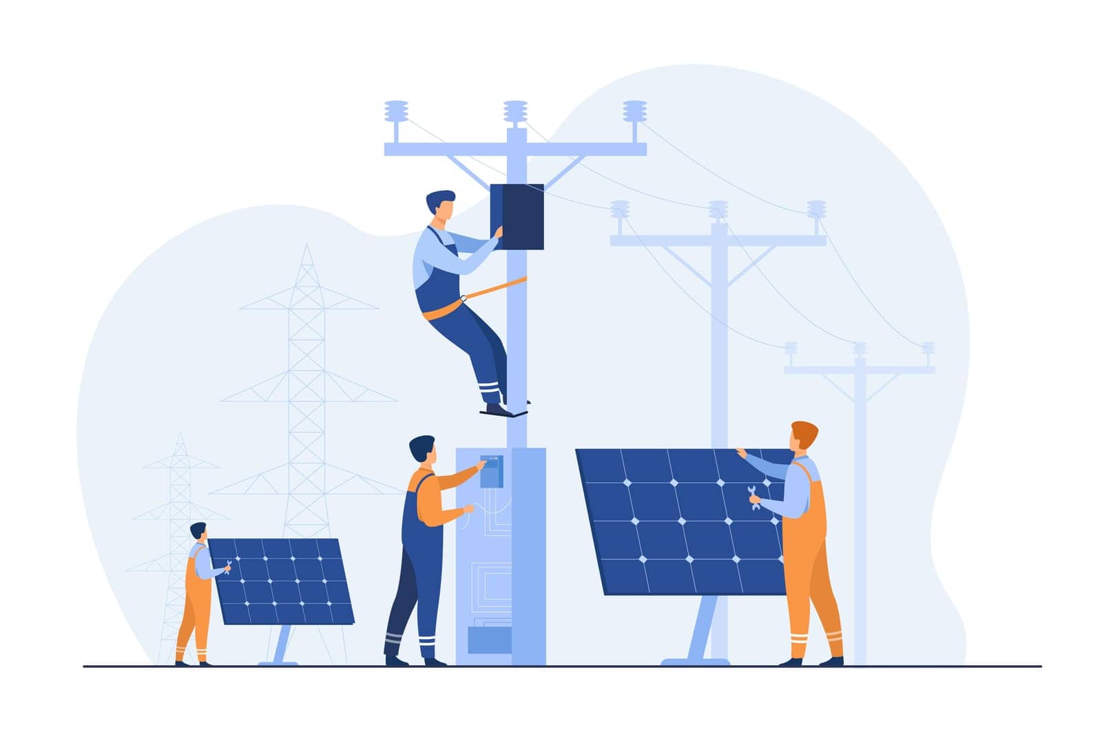 Solar power plant maintenance. Utility workers repairing electric installations, boxes on towers under power lines. For electric network operation, city service, renewable energy topics