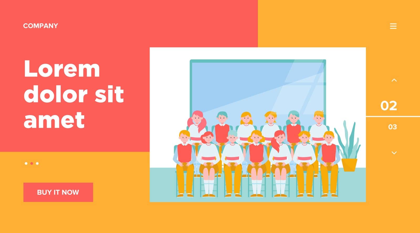 School students posing for class photo in classroom. Teen boys and girls in uniforms sitting in rows near blackboard. Vector illustration for memory, classmates, education concept