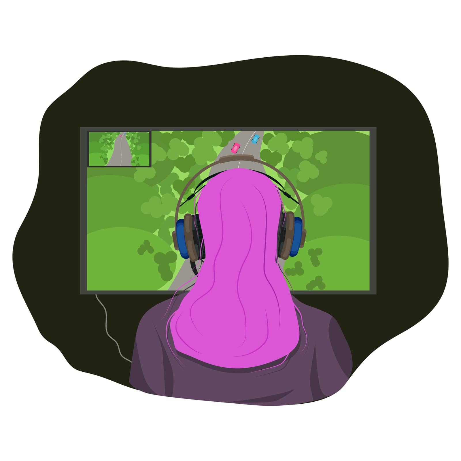 A video game streamer girl with bright fashionable hair plays and records a video